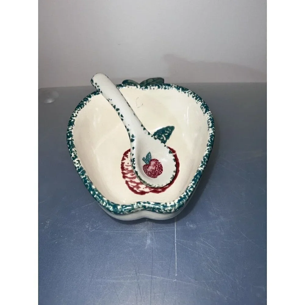 Ceramic Apple Bowl w/Spoon Condiment Serving Dish Spongeware Green & Red